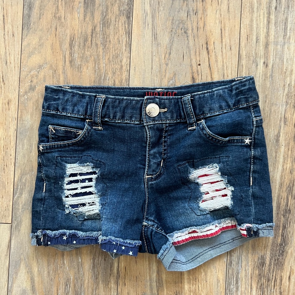 Girls distressed denim shorts